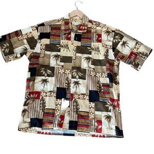 Pierre Cardin Mens Hawaiian Shirt L Short Sleeve Tropical Print 100% Cotton Beig